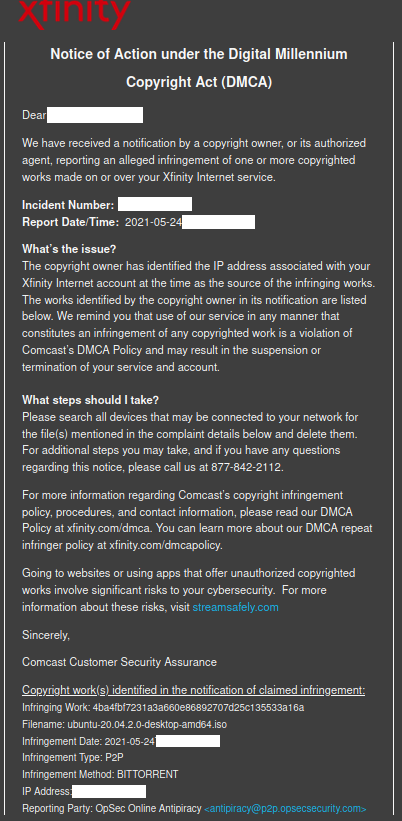 DMCA-Takedown-Aufforderung wegen Ubuntu-Download (Quelle: reddit.com)