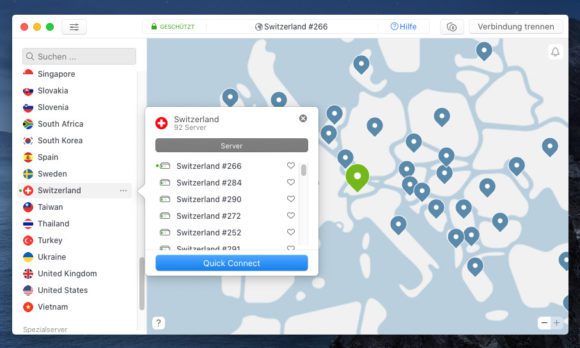 NordVPN mit der Schweiz verbunden – macOS