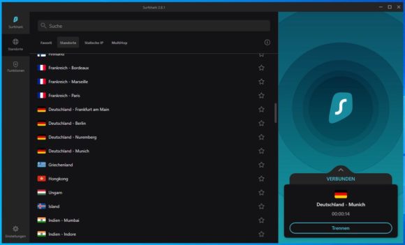 mit Surfshar unter Windows nach Deutschland verbunden