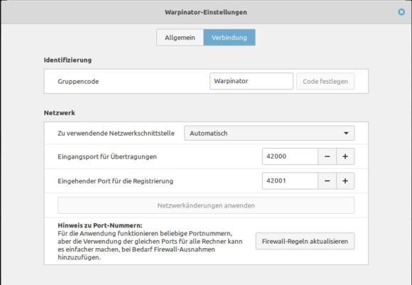 Netzwerk-Schnittstelle bei Warpinator auswählen