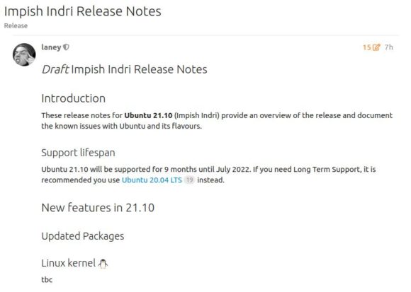 Die Release Notes für Ubuntu 21.10 Impish Indri sind derzeit noch unvollständig