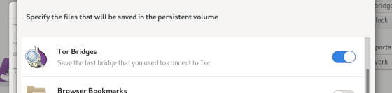 Bei Tails 4.22 kannst Du eine Bridge im permanenten Storage speichern (Quelle: tails.boum.org)