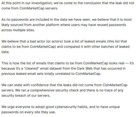 CoinMarketCap glaubt, das Datenleck stammt nicht von den Servern des Unternehmens