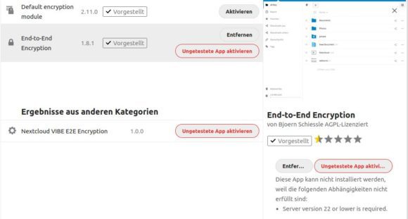 E2EE ist derzeit nicht mit Nextcloud Hub II (Version 23) kompatibel