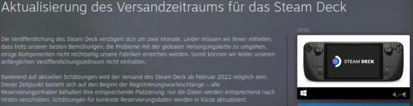 Die Auslieferung von Steam Deck verzögert sich um 2 Monate