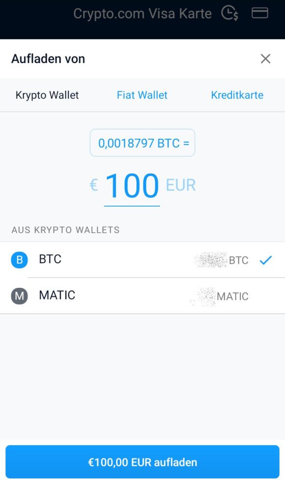 VISA mit 100 Euro aus meiner Krypto-Wallet aufladen