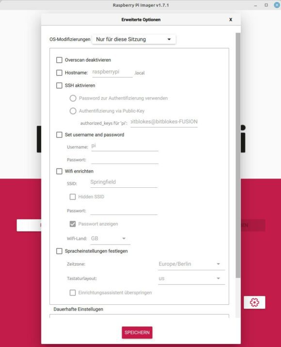 Raspberry Pi Imager 1.7 – erweiterte Einstellungen
