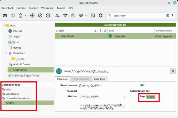 KeePassXC 2.7.0 mit Datenbank-Tags