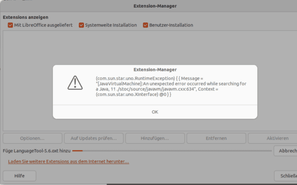 LanguageTool meldet einen Fehler bei der Installation