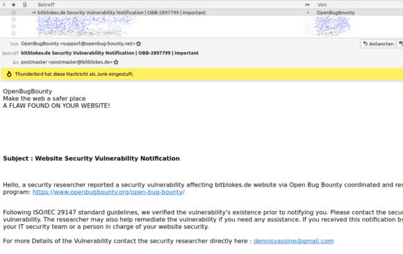 Thunderbird hat die Nachricht als Junk eingestuft, die angeblich von Open Bug Bounty stammt