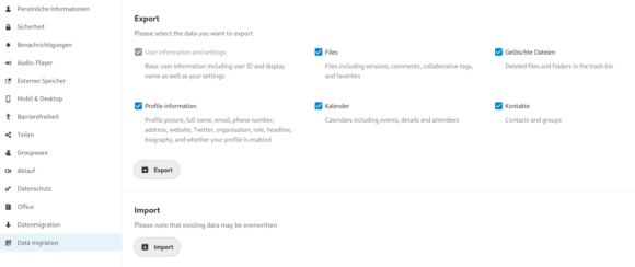 Die App User Migration sorgt für die Export-Funktion in Nextcloud 24