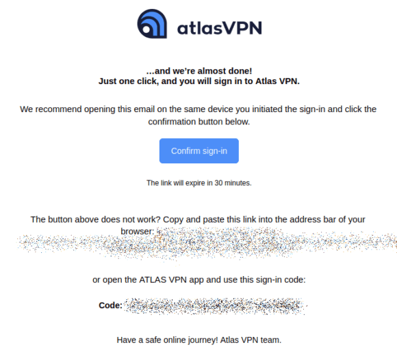 Der Link von Atlas VPN ist 30 Minuten lang gültig