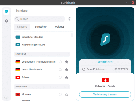 Surfshark – Linux-Client mit der Schweiz verbunden