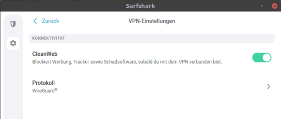 Surfshark – CleanWeb und Protokoll-Einstellungen (hier WIreGuard)