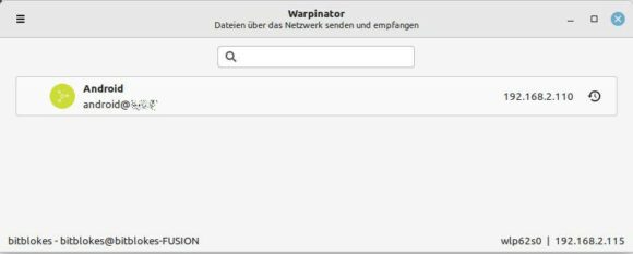 Warpinator gestartet – sehe Android-Gerät sofort