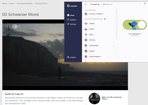 Die purpurnen Flüsse in der ZDF Mediathek sind mit Geoblocking versehen – Atlas VPN hat die Sendung entsperrt