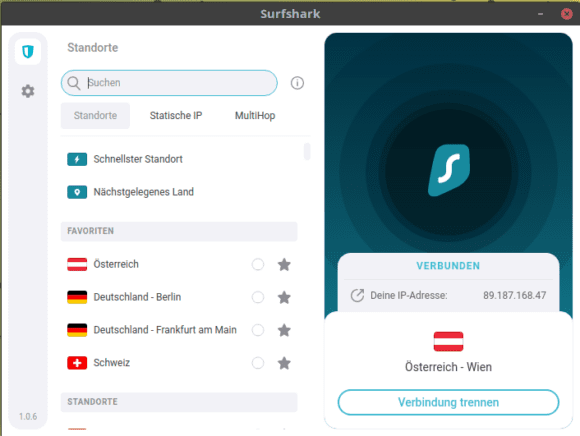 Die grafische Surfshark App für Linux – verbunden mit Österreich