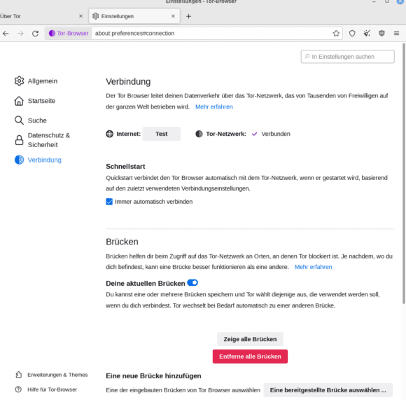Verbindung im Tor Browser – Netzwerkeinstellungen