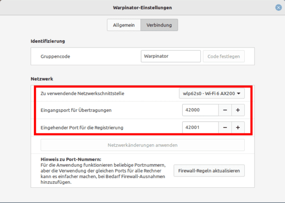 Warpinator – Netzwerkschnittstelle