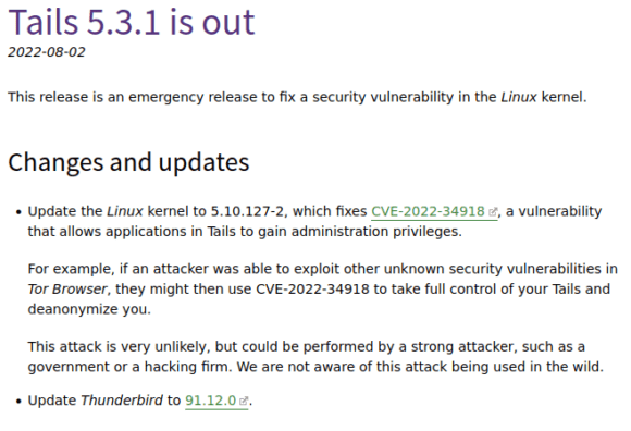 Tails 5.3.1 ist eine Notfallversion