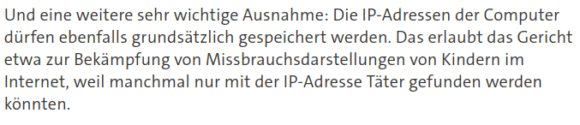 Vorratsdatenspeicherung: IP-Adressen dürfen grundsätzlich gespeichert werden