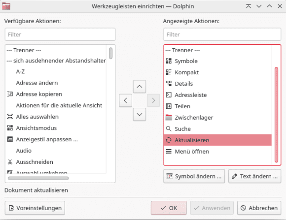 Aktualisieren > Angezeigte Aktionen