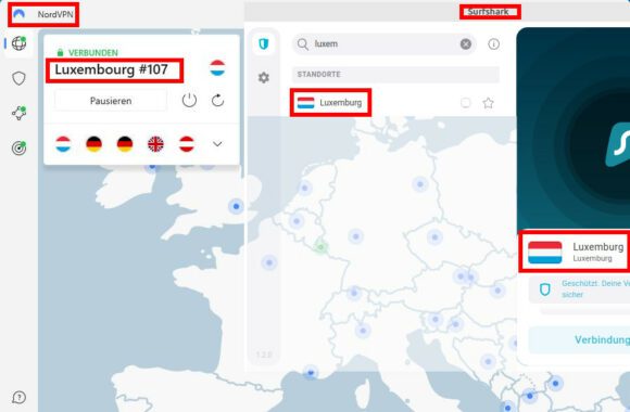 Sowohl NordVPN als auch Surfshark bieten zuverlässige Server in Luxemburg
