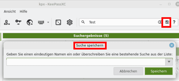 Bei KeePassXC 2.7.3 kannst Du die Suche speichern