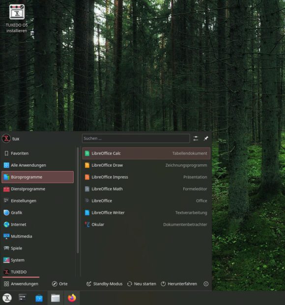 Das Menü von Tuxedo OS 1 – klassisch unten links