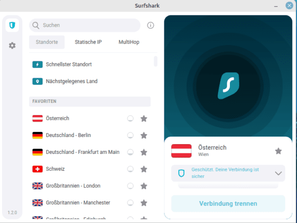 Surfsharks Linux-Client – hier mit Österreich verbunden