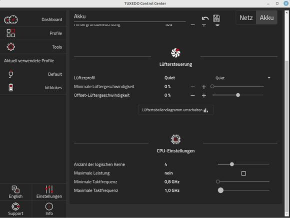 Nachdem ich das TUXEDO Control Center komplett neu installiert hatte, beruhigte sich der Akkuverbrauch