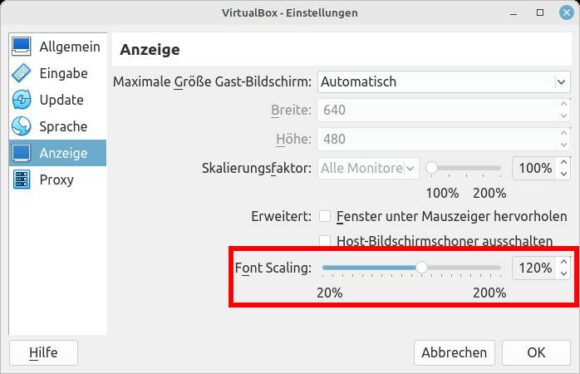 Bei VIrtualBox 7.0.4 lässt sicht die Schriftgröße ändern