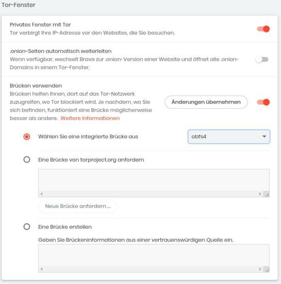 Unterstützung für Tor-Brücken in Brave