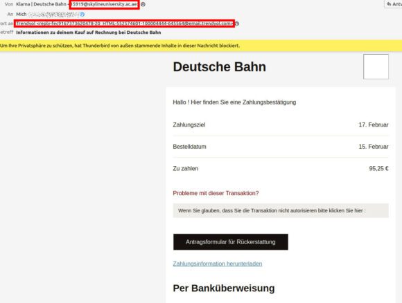 Phishing-Versuch im Zusammenhang mit Deutsche Bahn & Klarna
