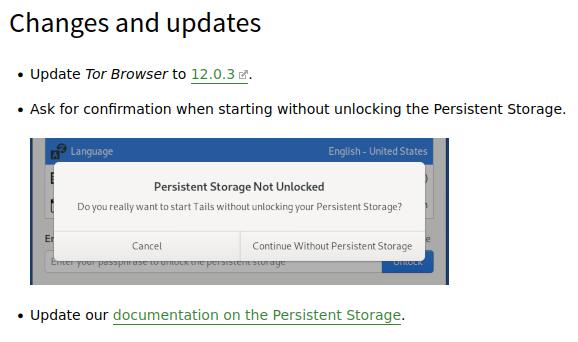 Tails 5.10 fragt nach, ob Du wirklich ohne das Persistent Storage starten möchtest
