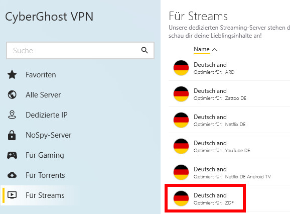 CyberGhost bietet Streaming-Server an, die für ZDF-Mediathek optimiert sind