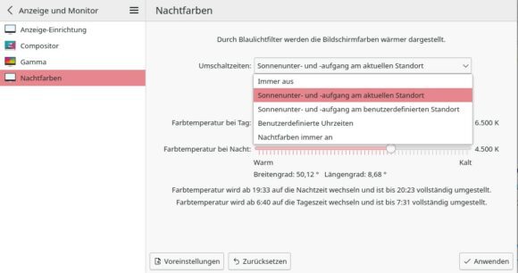 Nachtfarben unter Anzeige und Monitor