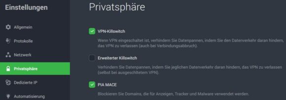 PIA MACE blockiert Werbung, Malware und Tracker