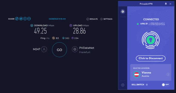 PrivadoVPN – der Server in Österreich ist schnell