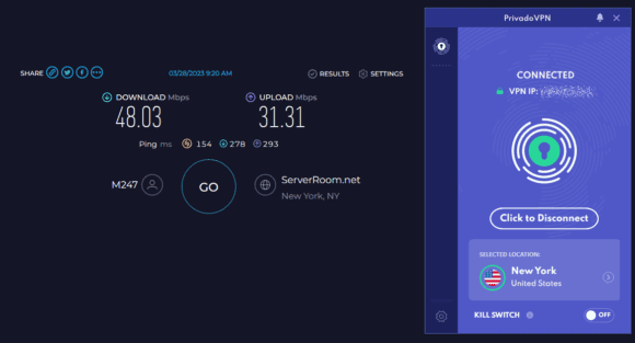 PrivadoVPN – Speedtest in die USA