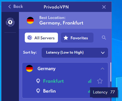 PrivadoVPN zeigt Dir die Latenz der Server an