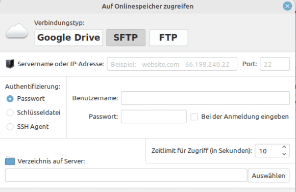 Via Google Drive, SFTP oder FTP sichern