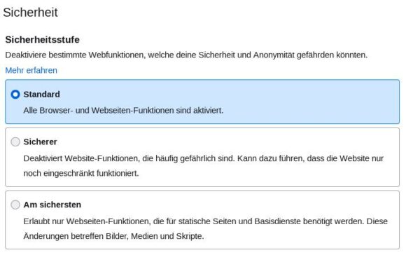 Die Sicherheitseinstellungen im Tor Browser