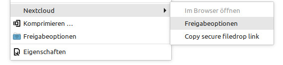 Nextcloud Desktop 3.8.0: Freigabe-Optionen bei einem verschlüsselten Ordner