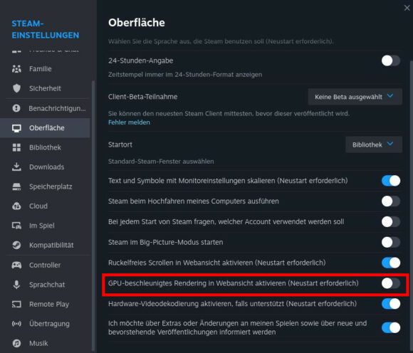 Beim Steam Client für Linux kannst Du ab sofort GPU-Beschleunigung aktivieren (bei macOS auch)