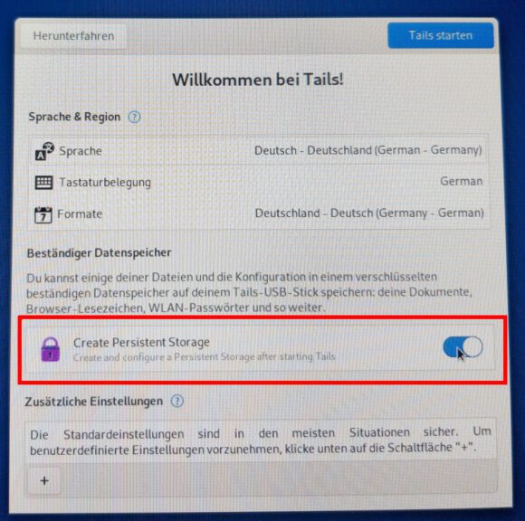 Beständiger Speicher für Tails einrichten – lässt sich gleich aus dem Boot-Menü starten