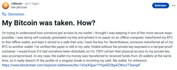 Bitcoin aus Paper Wallet gestohlen …