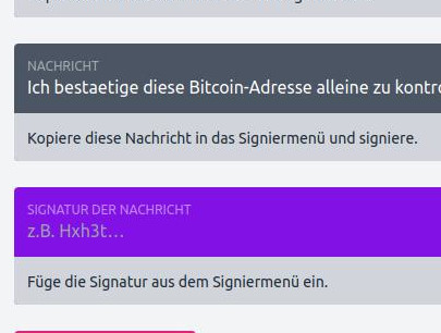 Nachricht signieren lassen, um zu bestätigen, dass es Deine Bitcoin-Adresse ist