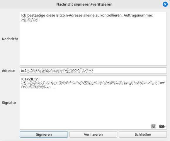 Nachricht signiert – Bitcoin-Adresse bestätigt