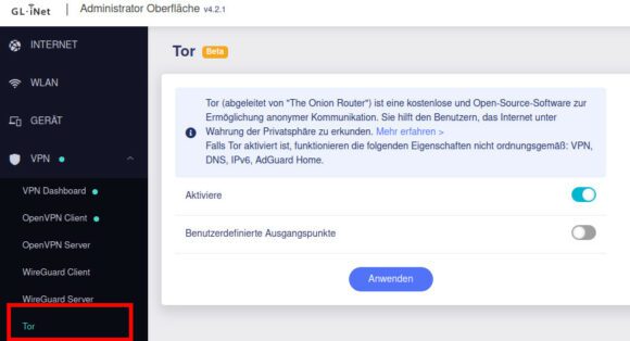 Reise-VPN-Router mit Tor-Modus